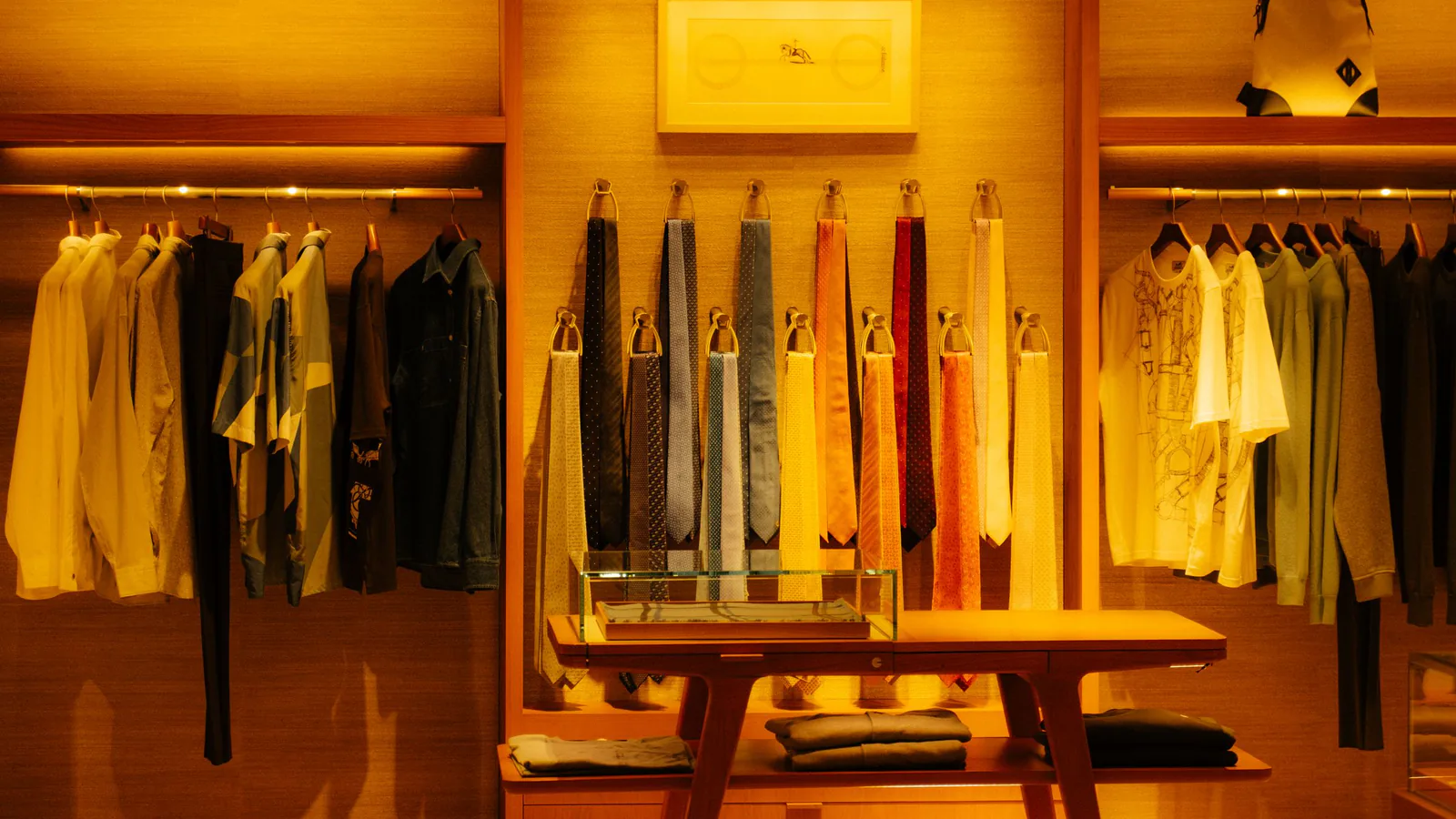 Interior moderno de tienda de moda con ropa y accesorios expuestos bajo iluminación cálida | ZonaFranquicia