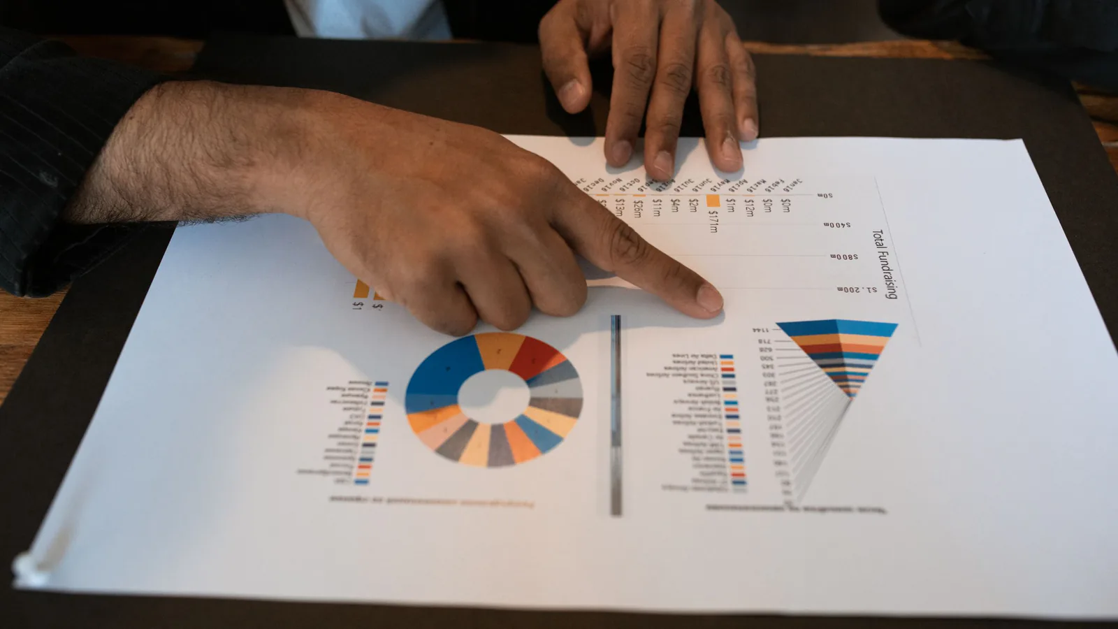 Rentabilidad por zona: dónde invertir tu franquicia | ZonaFranquicia Manos señalando gráficos y tablas de colores en una mesa de trabajo, ideal para análisis de datos empresariales | ZonaFranquicia